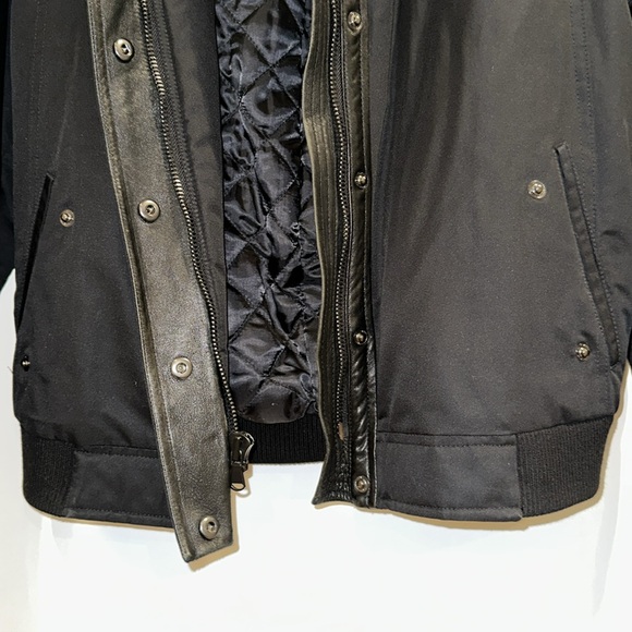 VINCE Black Women's Bomber Jacket with leather trim and attached hood - Picture 5 of 9